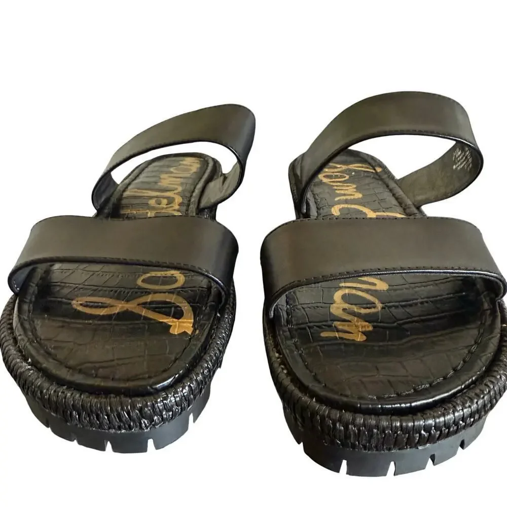 Sam Edelman Black Leather Lug Platform Sandals Size 7.5 Vacation Beach Classic